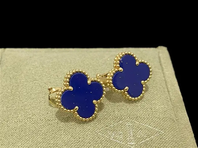 18K Blue Gold Clover Earrings Four Leaf Clover - Blue