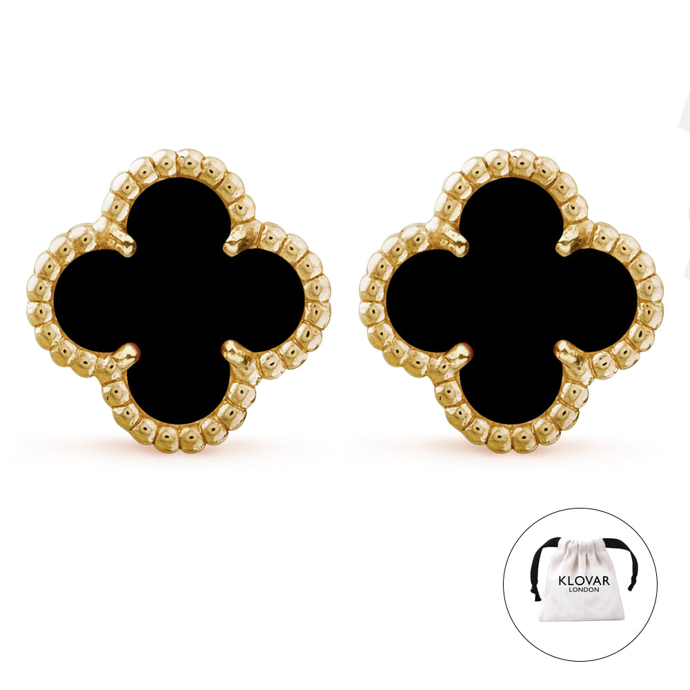 KLOVAR LONDON Black Van Cleef Clover Earrings 925 Silver 18k Gold Plated