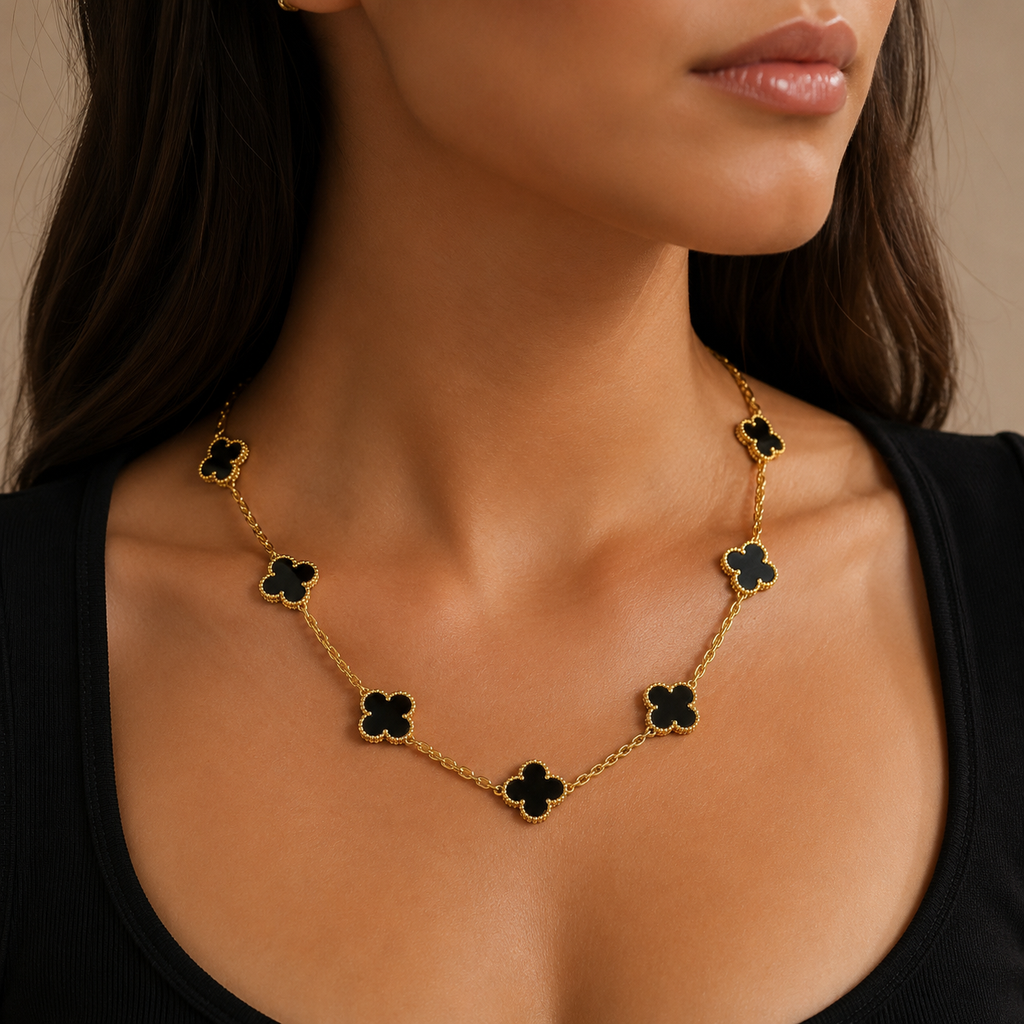 KLOVAR LONDON Black Clover 10 Motif Necklace 925 Silver 18k Gold Plated