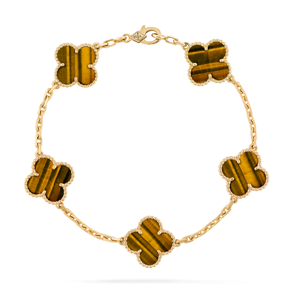 KLOVAR LONDON Tiger Eye Alhambra Gold Clover Bracelet 925 Silver 18k Gold Plated