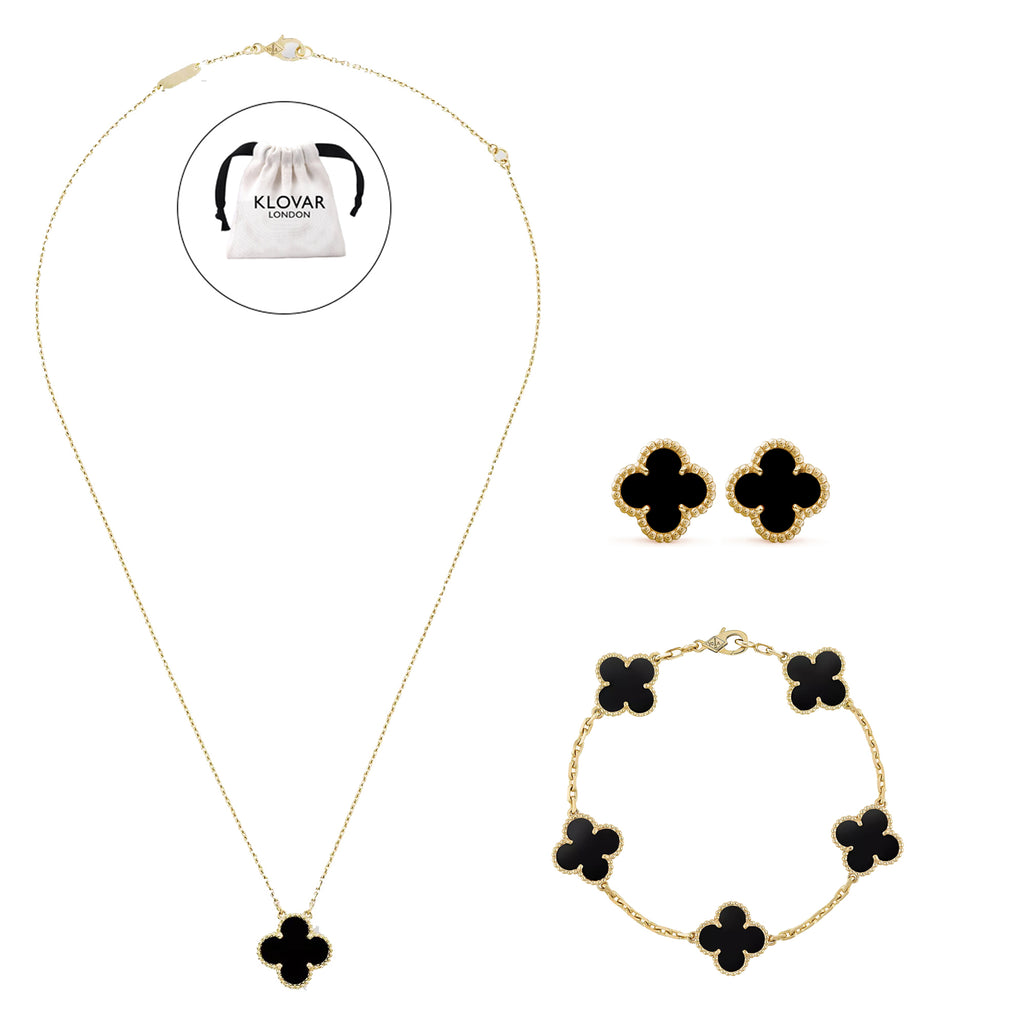 KLOVAR LONDON Black Clover Necklace Earrings Bracelets Set 925 Silver 18k Gold Plated