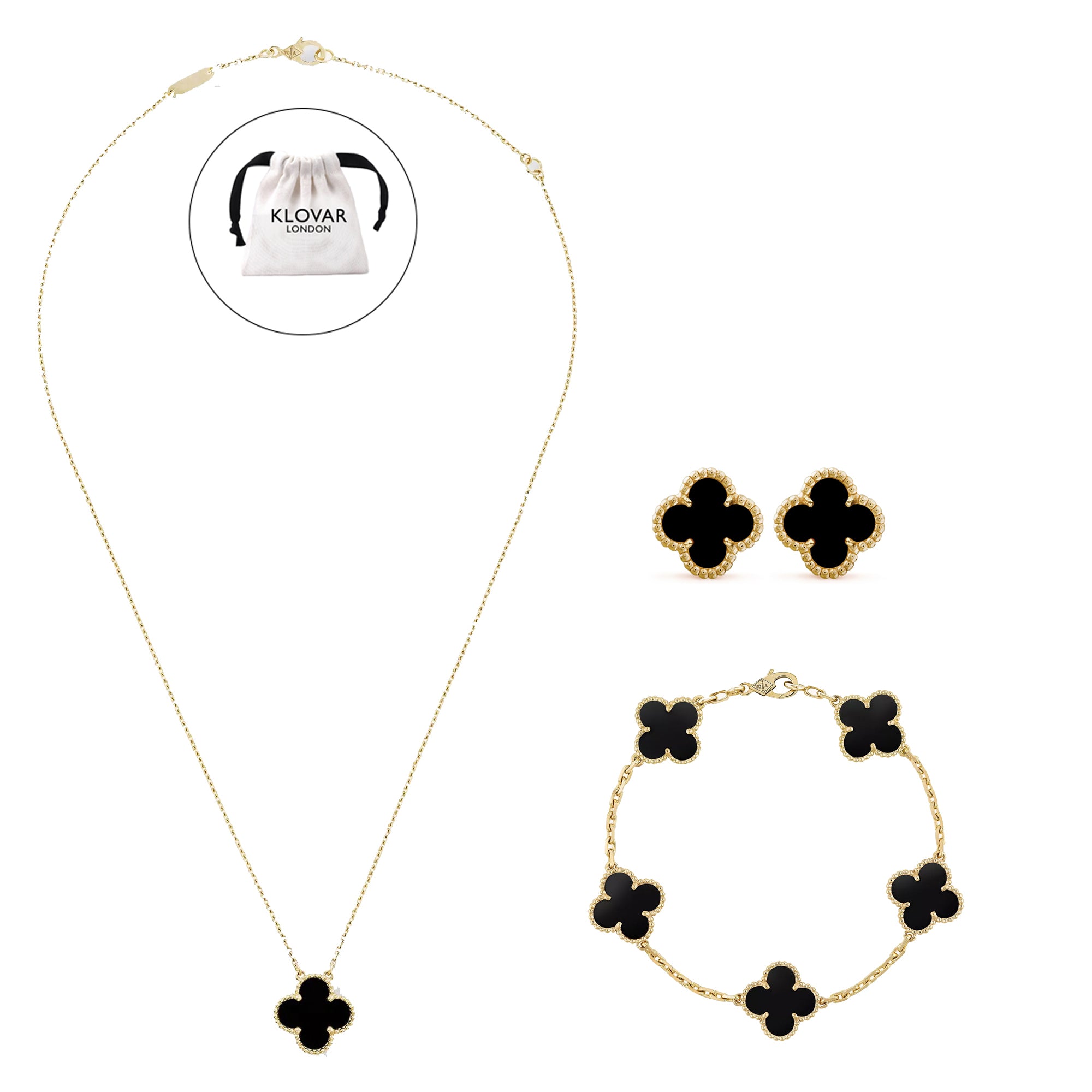 KLOVAR LONDON Black Clover Necklace Earrings Bracelets Set 925 Silver 18k Gold Plated