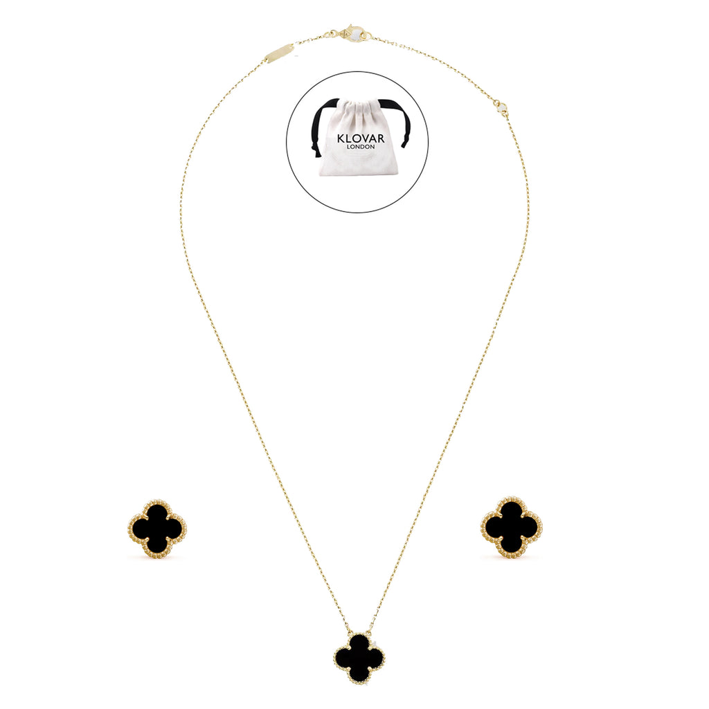 KLOVAR LONDON Black Clover Necklace Earrings Set 925 Silver 18k Gold Plated