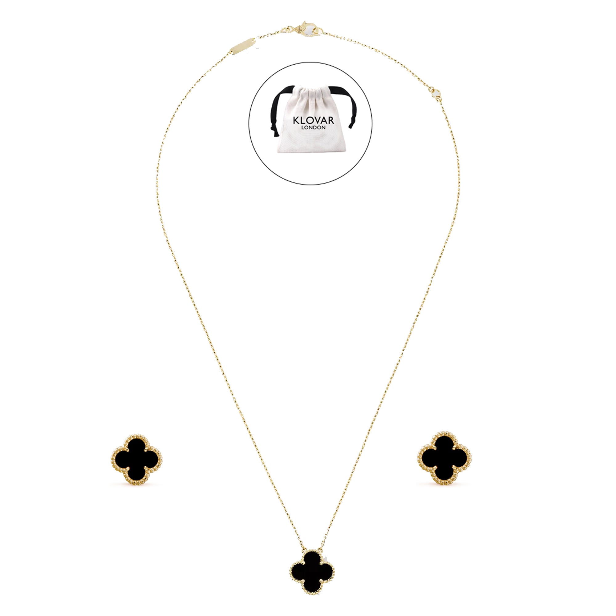 KLOVAR LONDON Black Clover Necklace Earrings Set 925 Silver 18k Gold Plated