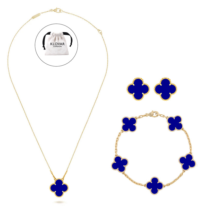 KLOVAR LONDON Blue Clover Necklace Earrings Bracelets Set 925 Silver 18k Gold Plated