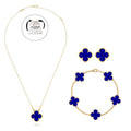 KLOVAR LONDON Blue Clover Necklace Earrings Bracelets Set 925 Silver 18k Gold Plated