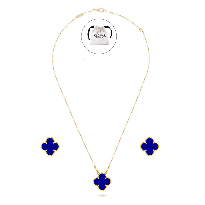 KLOVAR LONDON Blue Clover Necklace Earrings Set 925 Silver 18k Gold Plated