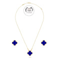KLOVAR LONDON Blue Clover Necklace Earrings Set 925 Silver 18k Gold Plated