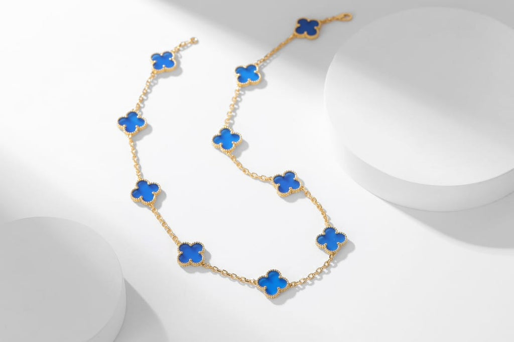 KLOVAR LONDON Blue Clover 10 Motif Necklace 925 Silver 18k Gold Plated