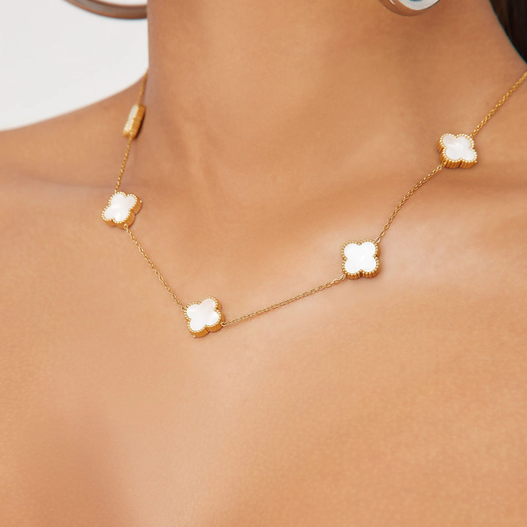 KLOVAR LONDON White Pearl Clover 10 Motif Necklace 925 Silver 18k Gold Plated