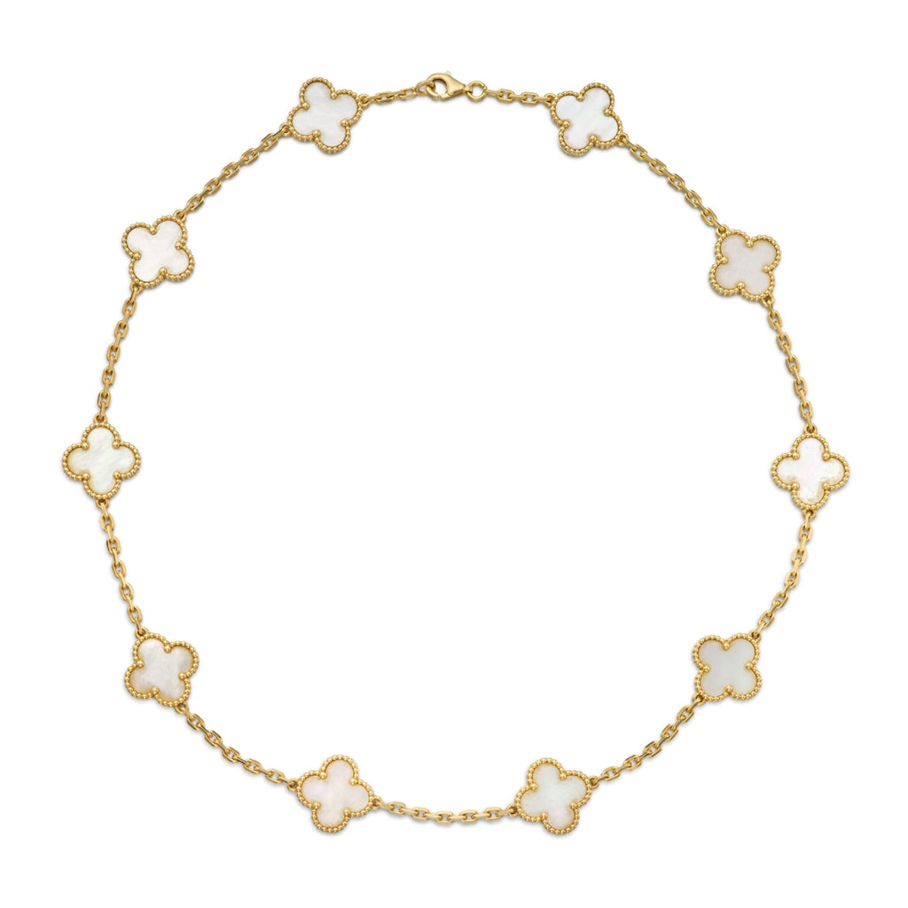 KLOVAR LONDON White Pearl Clover 10 Motif Necklace 925 Silver 18k Gold Plated