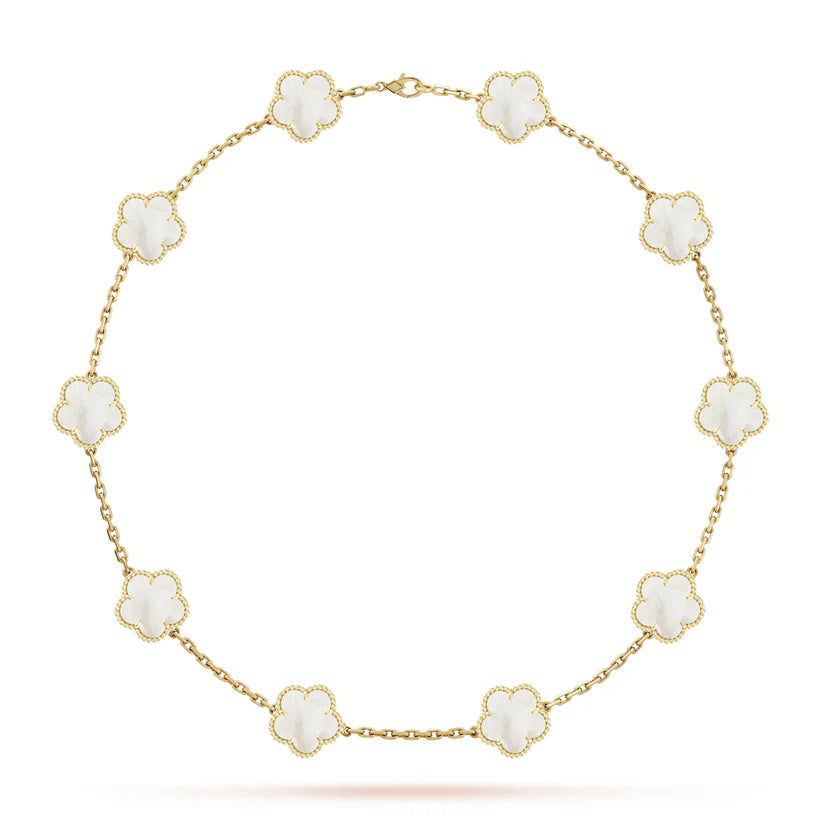 KLOVAR LONDON White Pearl Clover 10 Motif Necklace 925 Silver 18k Gold Plated