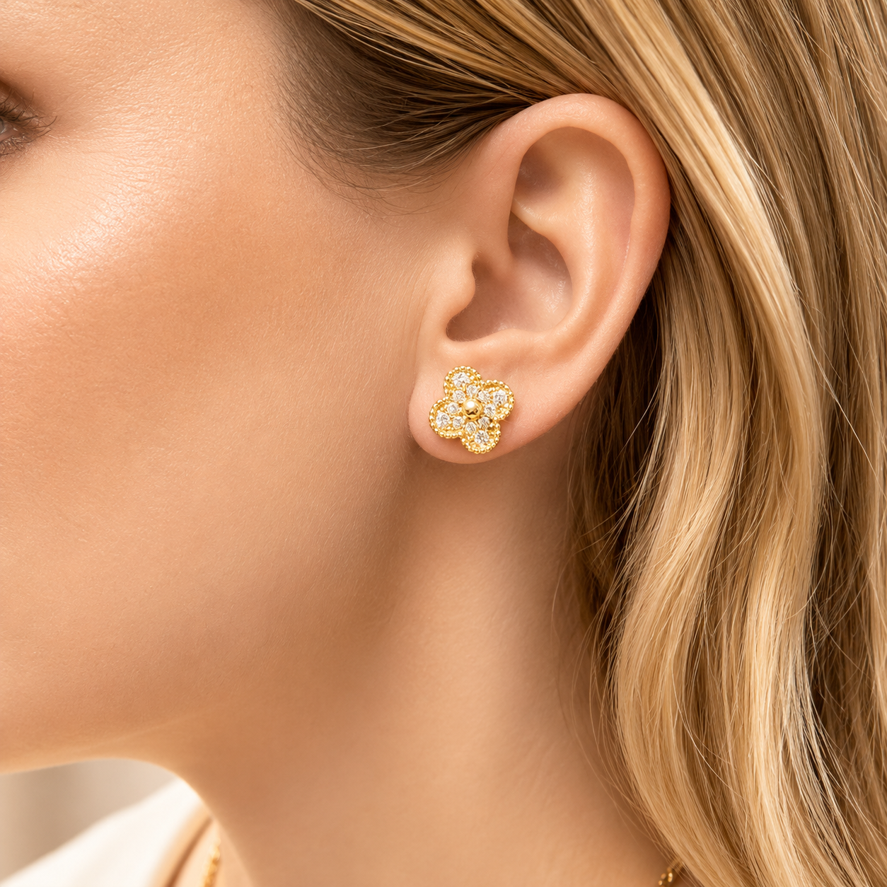 KLOVAR LONDON Gold Diamond Clover Earrings 925 Silver 18k Gold Plated