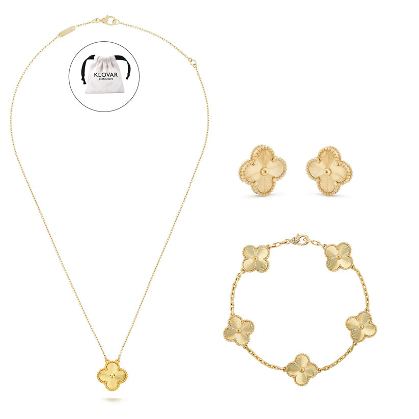 KLOVAR LONDON Gold Clover Necklace Earrings Bracelets Set 925 Silver 18k Gold Plated