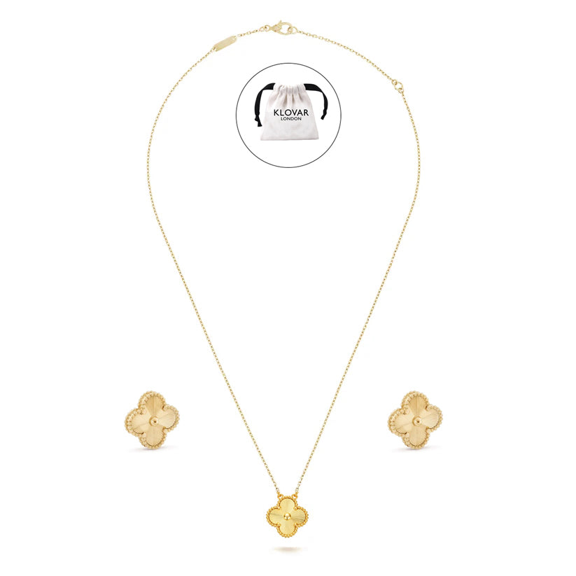 KLOVAR LONDON Gold Clover Necklace Earrings Set 925 Silver 18k Gold Plated
