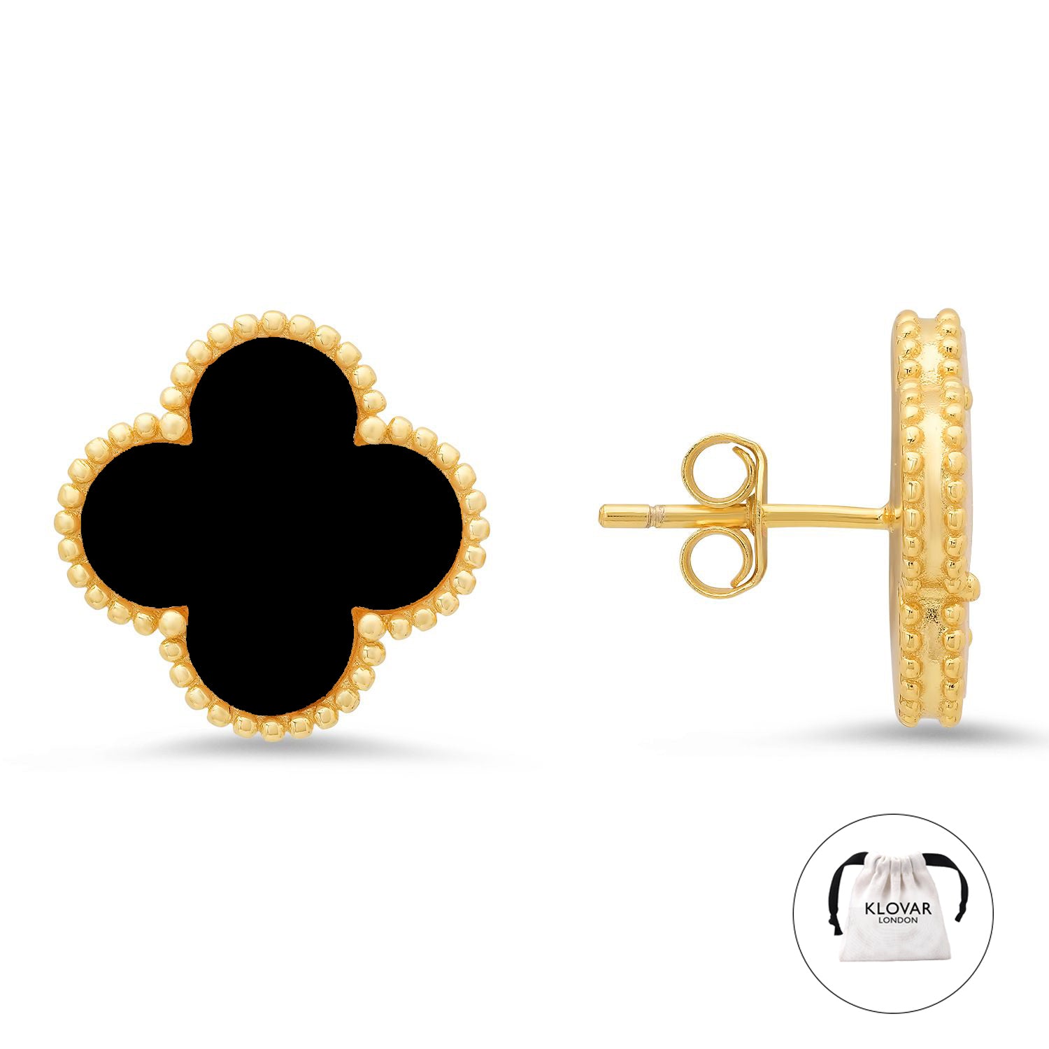 KLOVAR LONDON Black Clover Earrings 925 Silver 18k Gold Plated