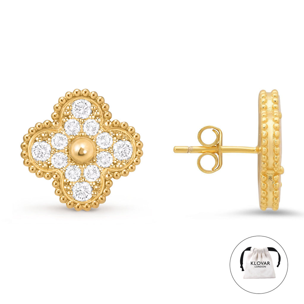 KLOVAR LONDON Gold Diamond Clover Earrings 925 Silver 18k Gold Plated