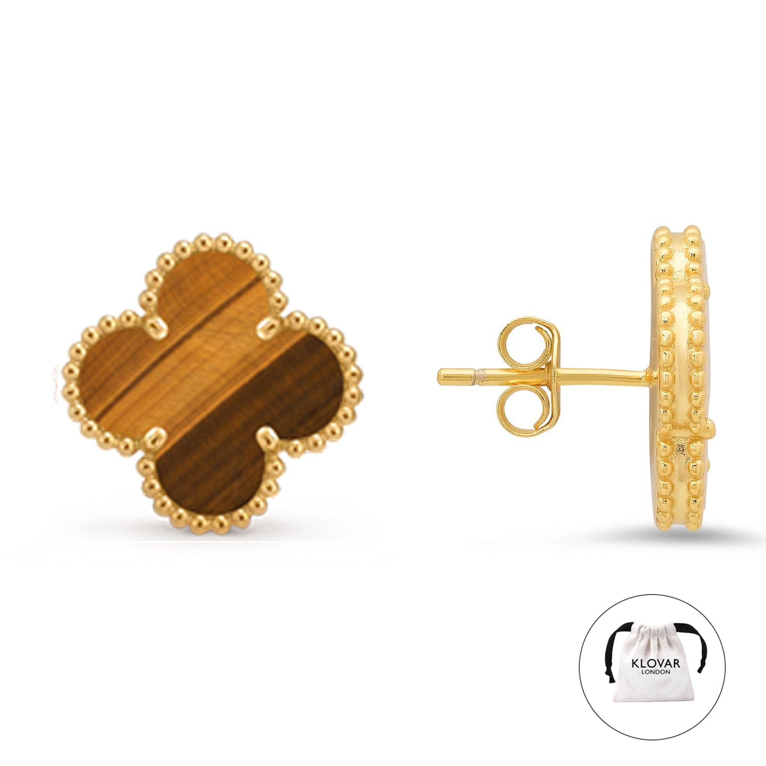 KLOVAR LONDON Tiger Eye Clover Stud Earrings 925 Silver 18k Gold Plated