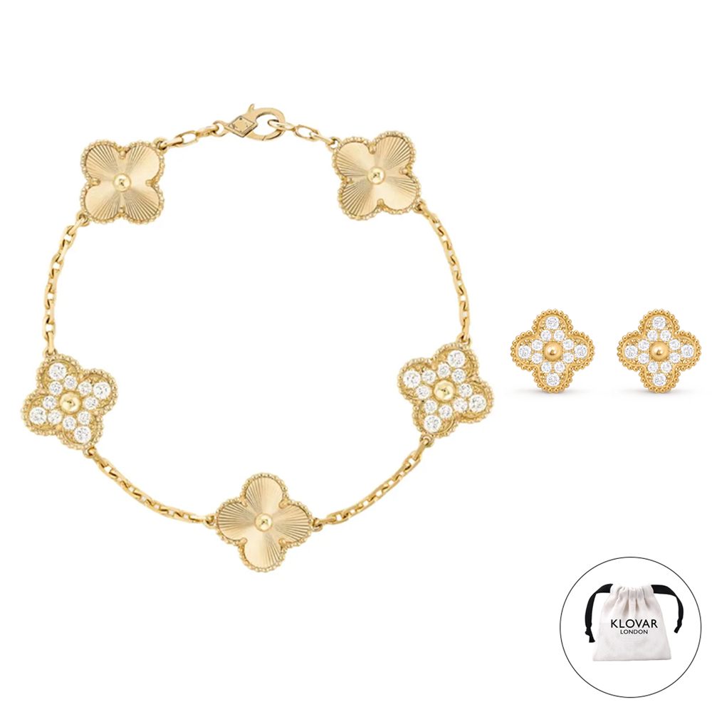 KLOVAR LONDON Gold Diamond Clover Bracelet Earrings Set 925 Silver 18k Gold Plated