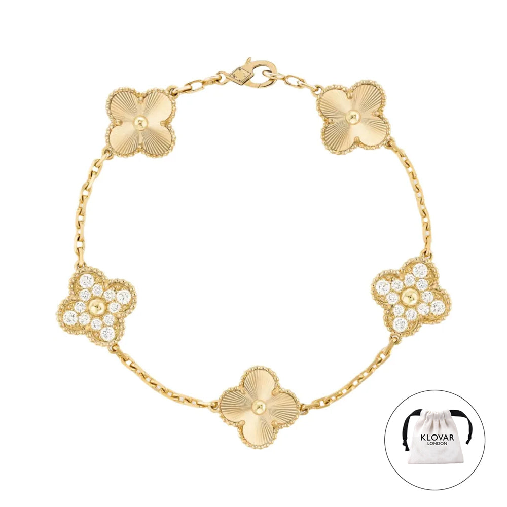 KLOVAR LONDON Gold Diamond Clover Bracelet 925 Silver 18k Gold Plated
