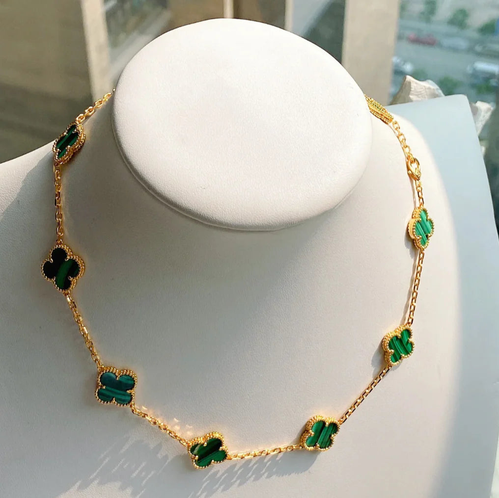 KLOVAR LONDON Green Clover 10 Motif Necklace 925 Silver 18k Gold Plated