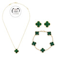 KLOVAR LONDON Green Clover Necklace Earrings Bracelets Set 925 Silver 18k Gold Plated