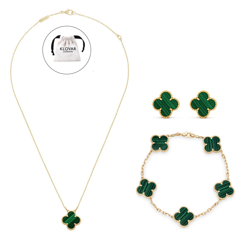KLOVAR LONDON Green Clover Necklace Earrings Bracelets Set 925 Silver 18k Gold Plated