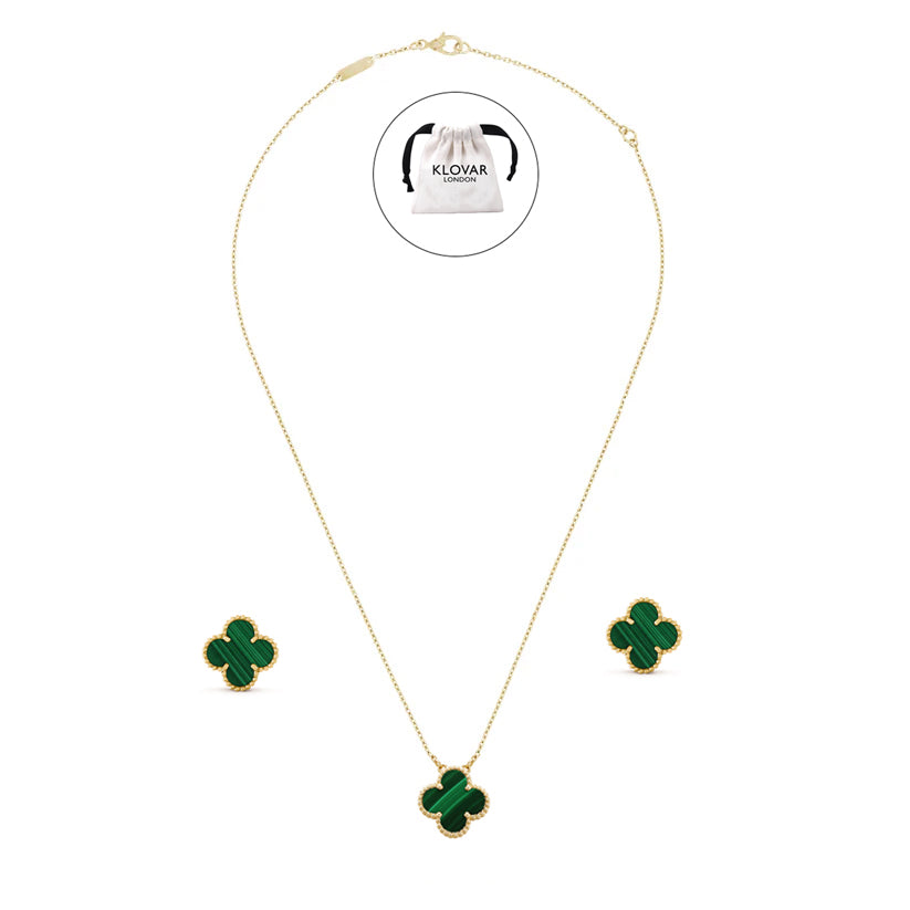 KLOVAR LONDON Green Clover Necklace Earrings Set 925 Silver 18k Gold Plated
