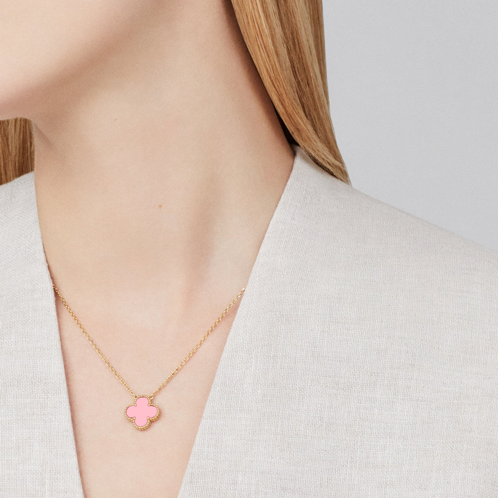 KLOVAR LONDON Pink Clover Necklace Earrings Bracelets Set 925 Silver 18k Gold Plated