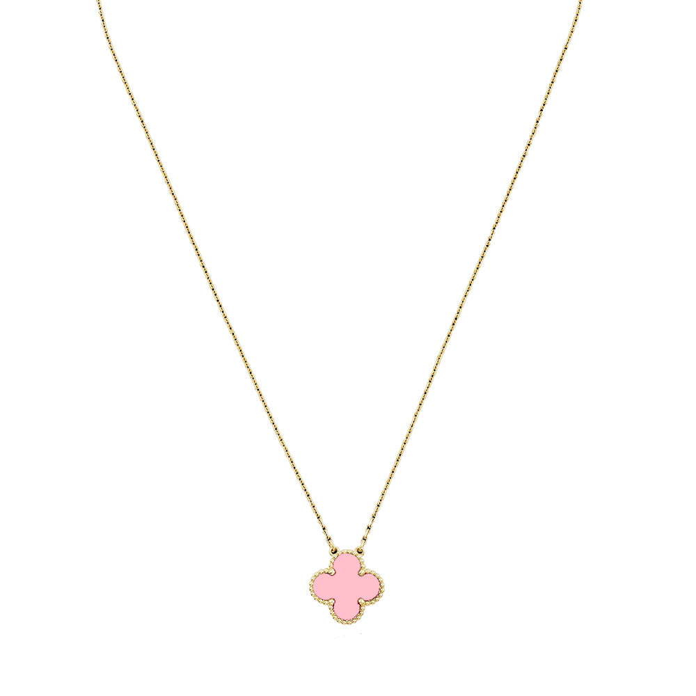 18K Gold Pink Clover Necklace Four Leaf Single Clover - Pink