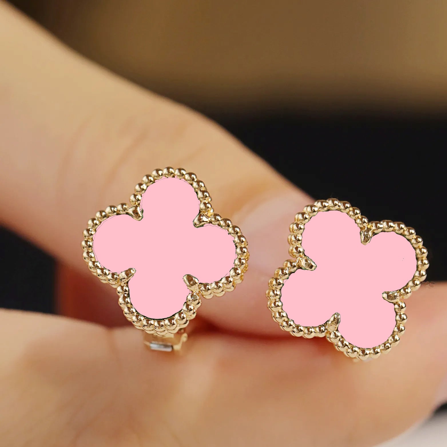 18K Pink Gold Clover Necklace Earrings Bracelet Set Four Leaf Single Clover - Pink