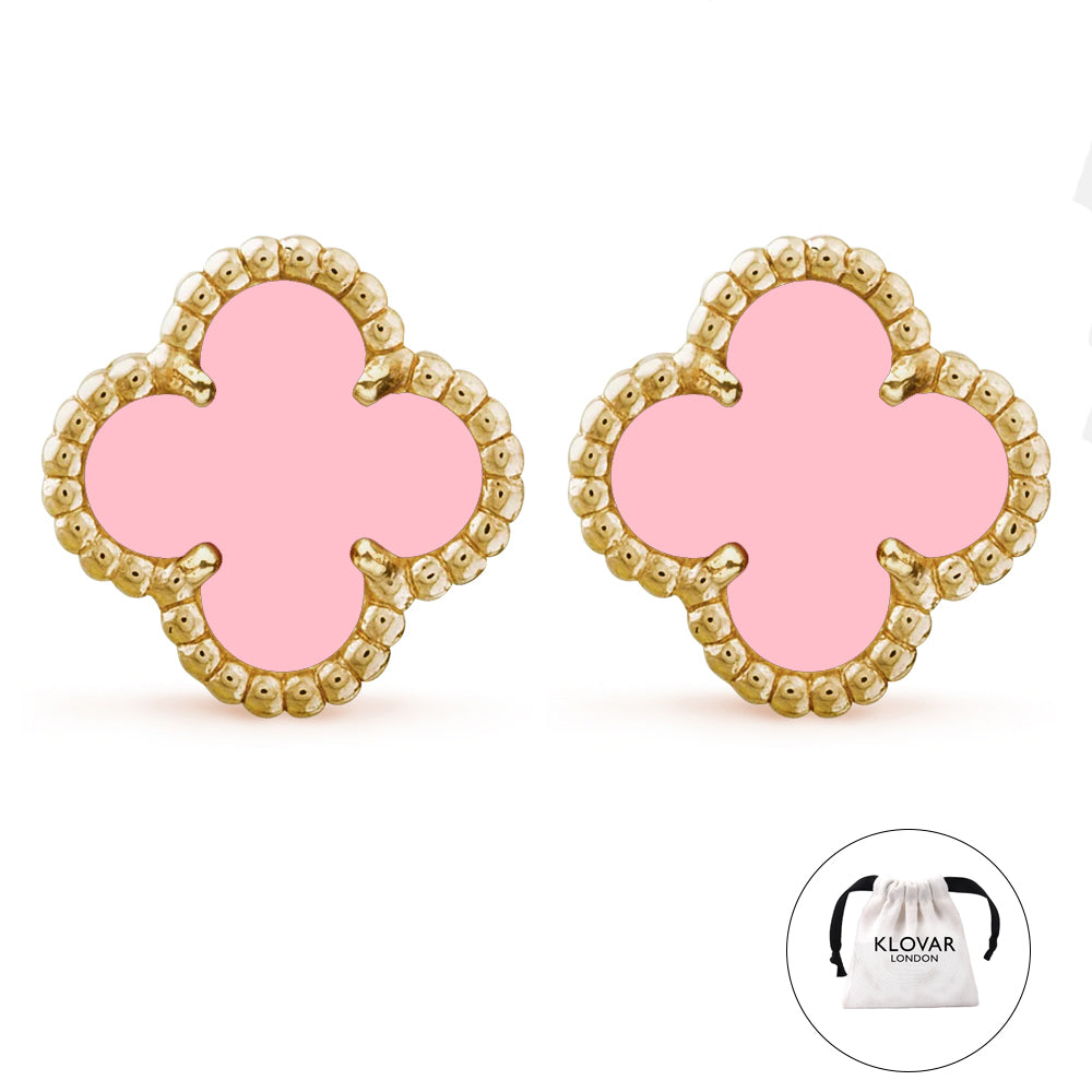 18K Pink Gold Clover Necklace Earrings Bracelet Set Four Leaf Single Clover - Pink