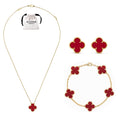 KLOVAR LONDON Red Clover Necklace Earrings Bracelets Set 925 Silver 18k Gold Plated