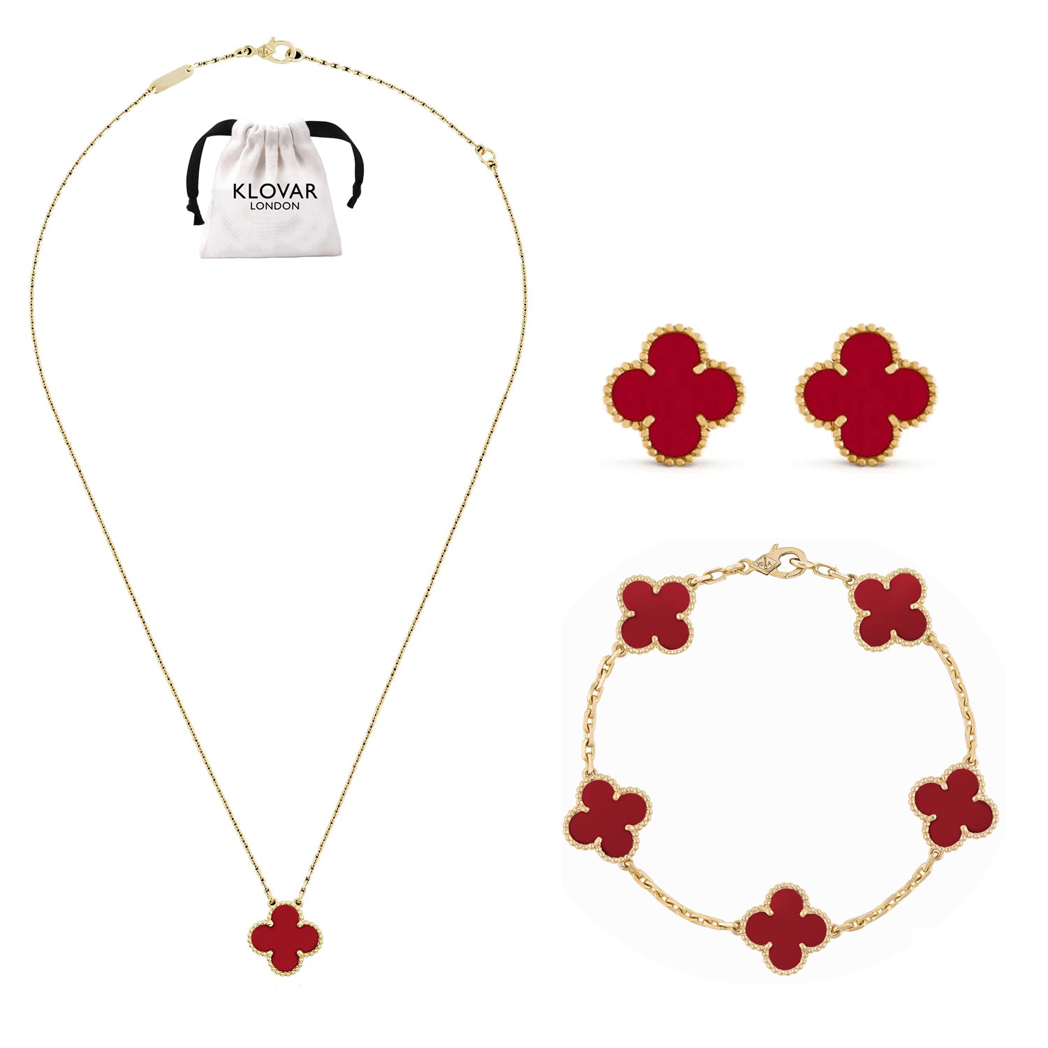 KLOVAR LONDON Red Clover Necklace Earrings Bracelets Set 925 Silver 18k Gold Plated
