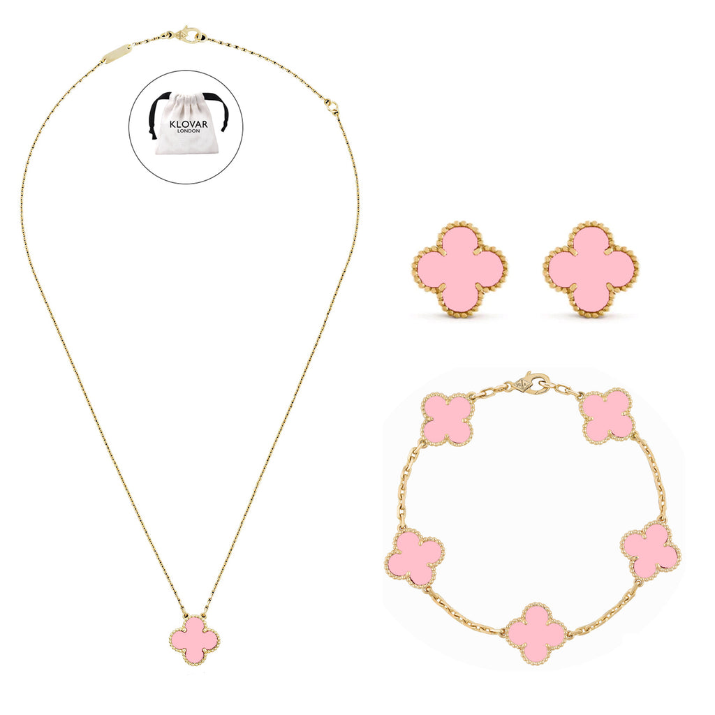 KLOVAR LONDON Pink Clover Necklace Earrings Bracelets Set 925 Silver 18k Gold Plated