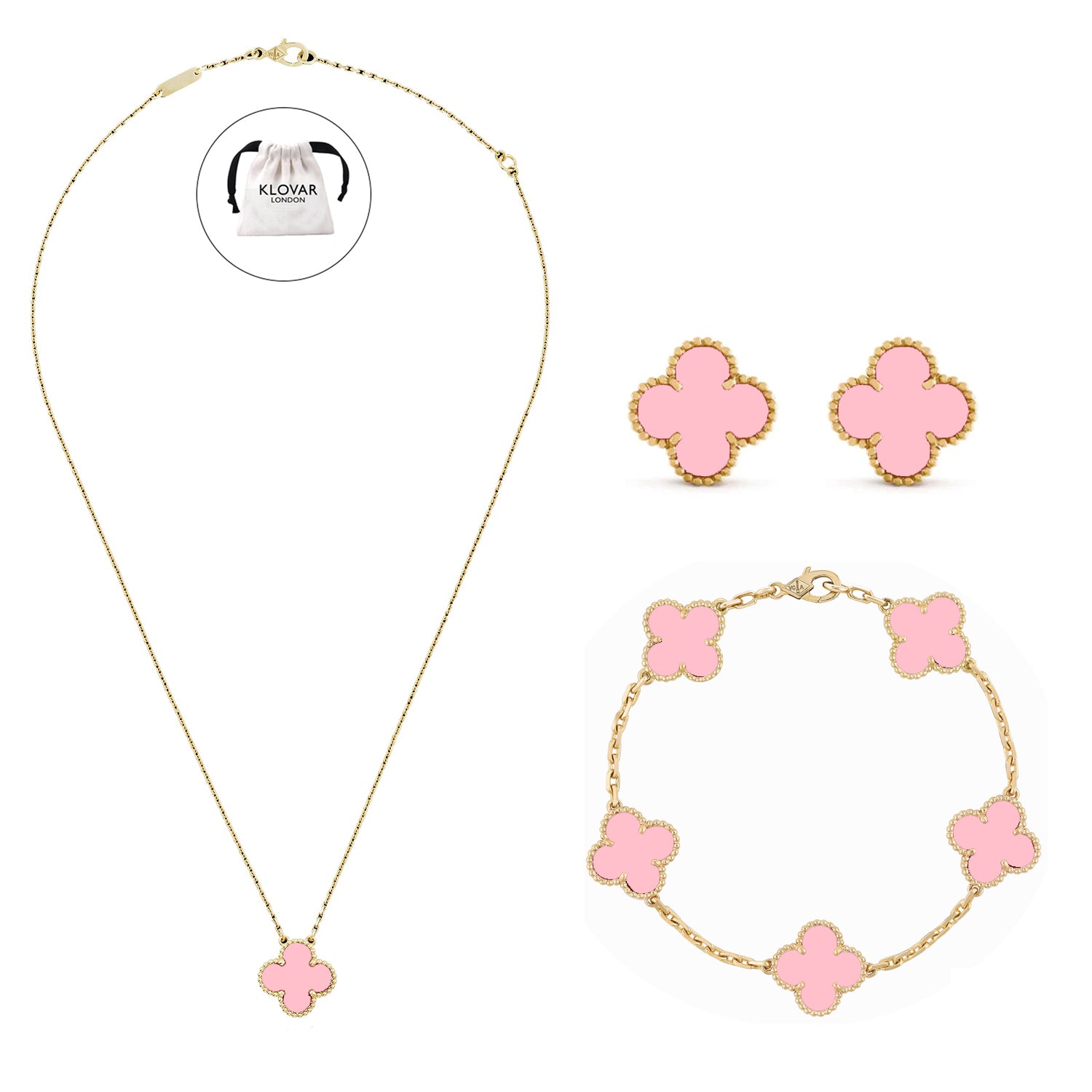 18K Pink Gold Clover Necklace Earrings Bracelet Set Four Leaf Single Clover - Pink