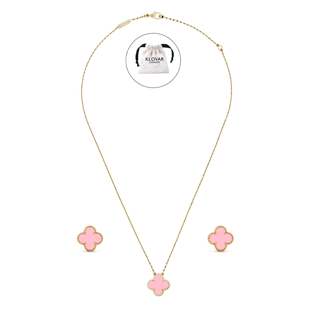 KLOVAR LONDON Pink Clover Necklace Earrings Set 925 Silver 18k Gold Plated