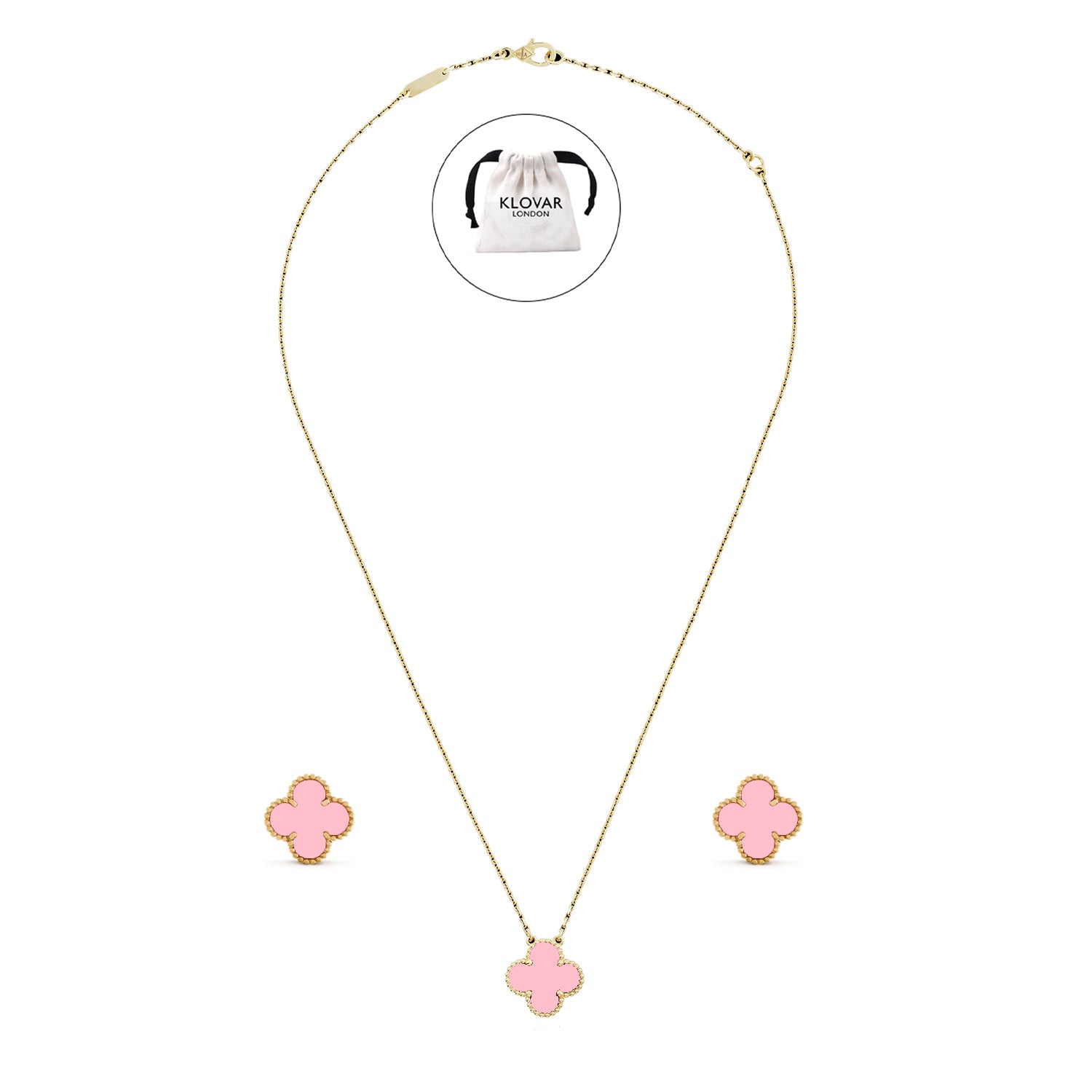 KLOVAR LONDON Pink Clover Necklace Earrings Set 925 Silver 18k Gold Plated