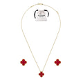 KLOVAR LONDON Red Clover Necklace Earrings Set 925 Silver 18k Gold Plated