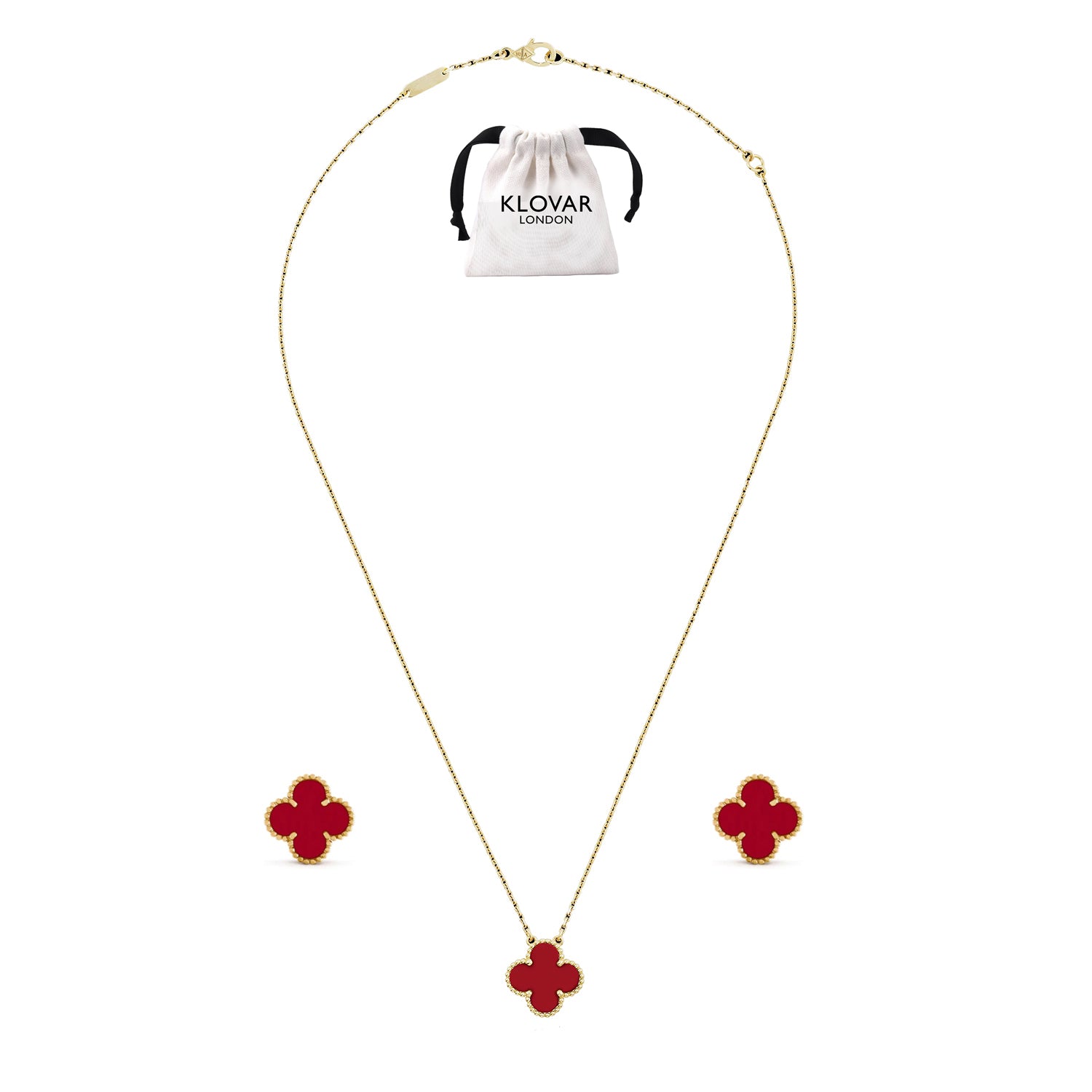 KLOVAR LONDON Red Clover Necklace Earrings Set 925 Silver 18k Gold Plated