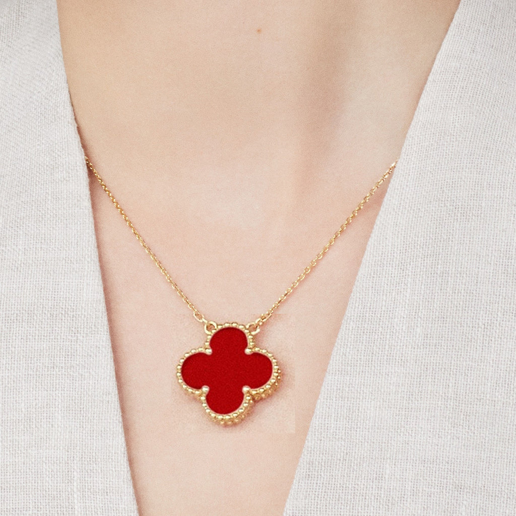 KLOVAR LONDON Red Large 1 Motif Clover Necklace 925 Silver 18k Gold Plated