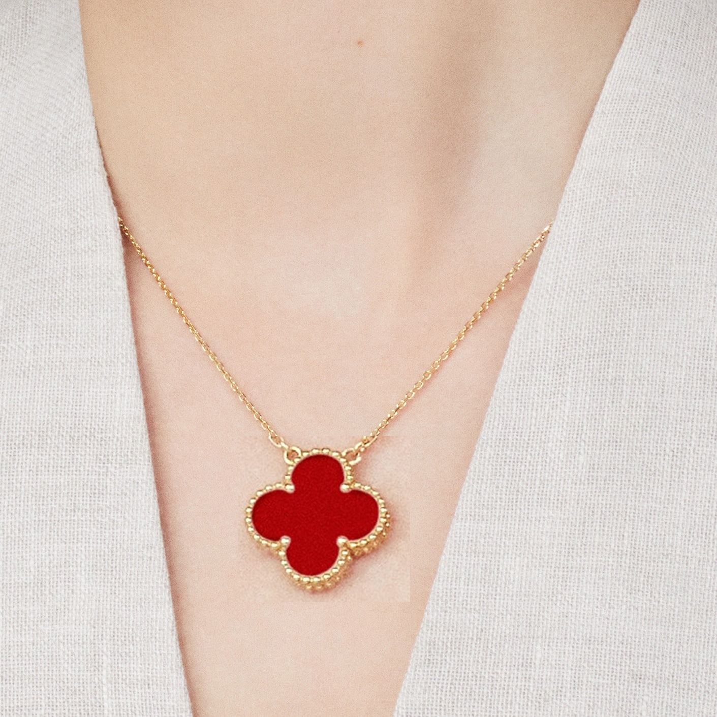 KLOVAR LONDON Red Large 1 Motif Clover Necklace 925 Silver 18k Gold Plated