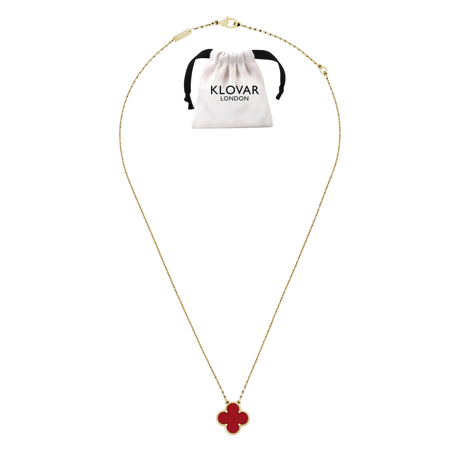 18K Gold Red Clover Necklace Four Leaf Single Clover - Red