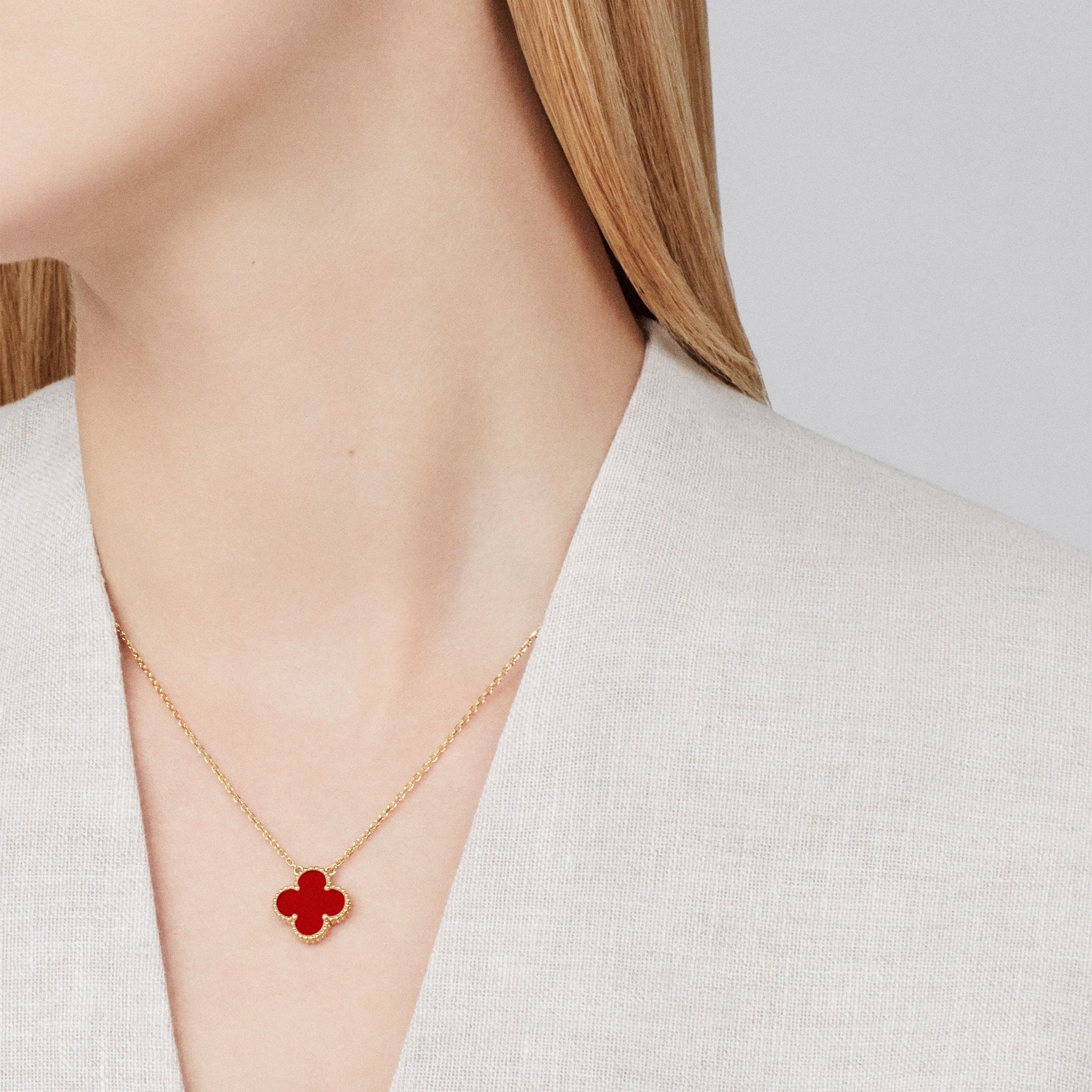 18K Gold Red Clover Necklace Four Leaf Single Clover - Red