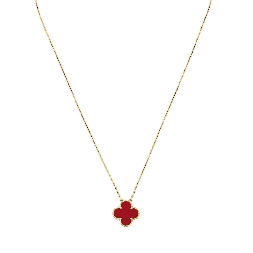 18K Gold Red Clover Necklace Four Leaf Single Clover - Red