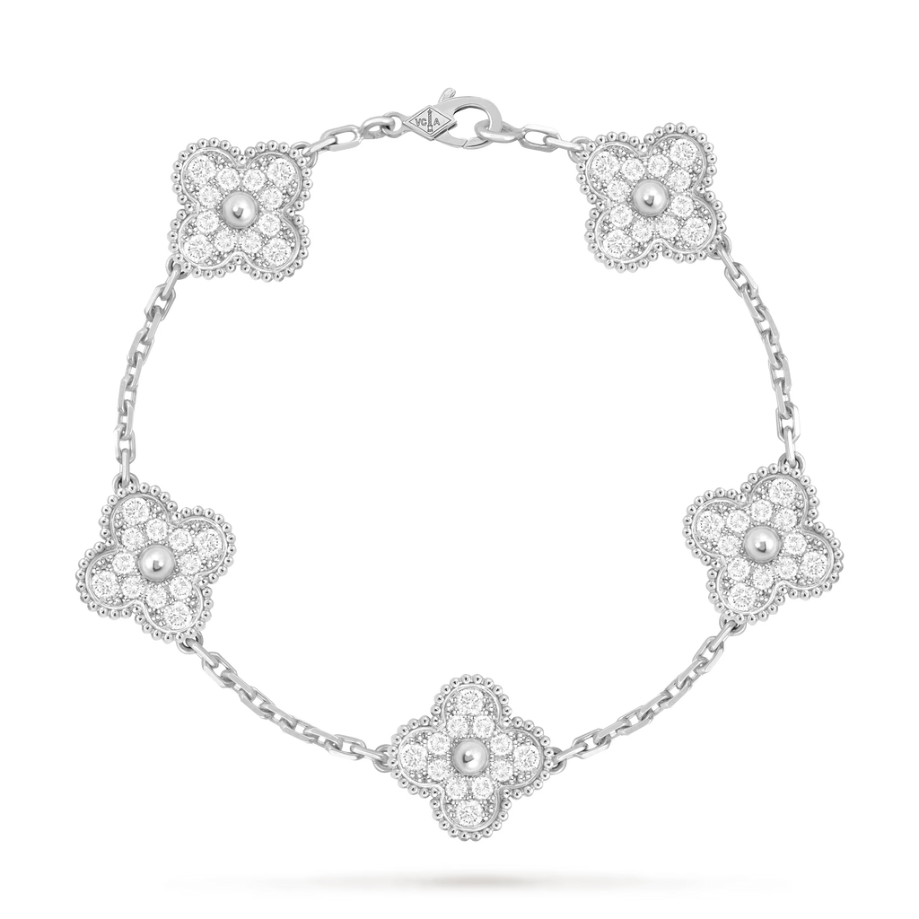 KLOVAR LONDON Silver Diamond Clover Bracelet 925 Stainless Steel Silver 18k Gold Plated