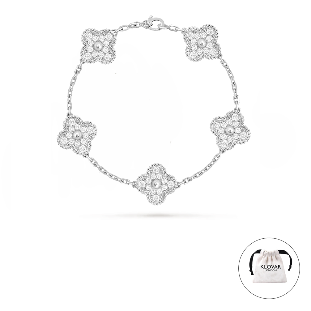 KLOVAR LONDON Silver Diamond Clover Bracelet 925 Stainless Steel Silver 18k Gold Plated