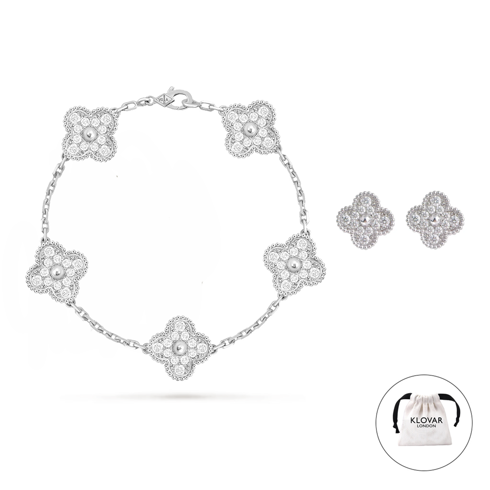 KLOVAR LONDON Silver Diamond Clover Bracelet Earrings Set 925 Silver