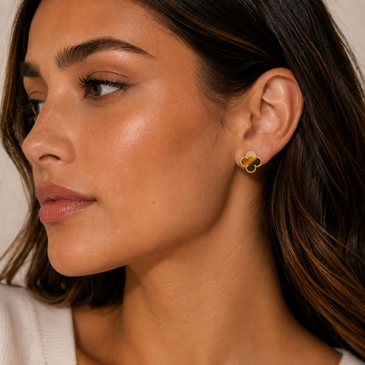 KLOVAR LONDON Tiger Eye Clover Stud Earrings 925 Silver 18k Gold Plated