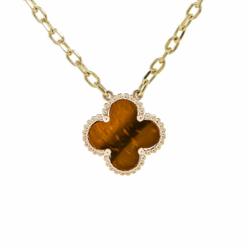 18K Gold Tiger Eye Clover Necklace Four Leaf Single Clover - Tiger Eye